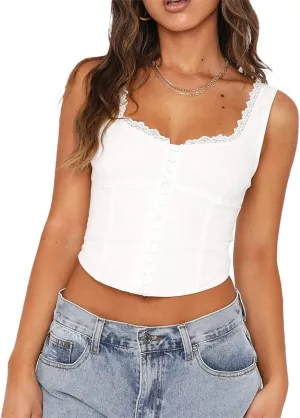 Women Lace Trim Tank Tops Floral Print Sleeveless Square Neck Front Tie Button Crop Top Summer Slim Fit Ruched Vest