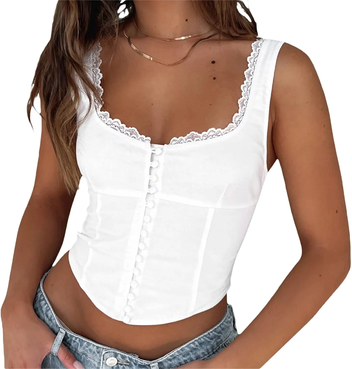 Women Lace Trim Tank Tops Floral Print Sleeveless Square Neck Front Tie Button Crop Top Summer Slim Fit Ruched Vest