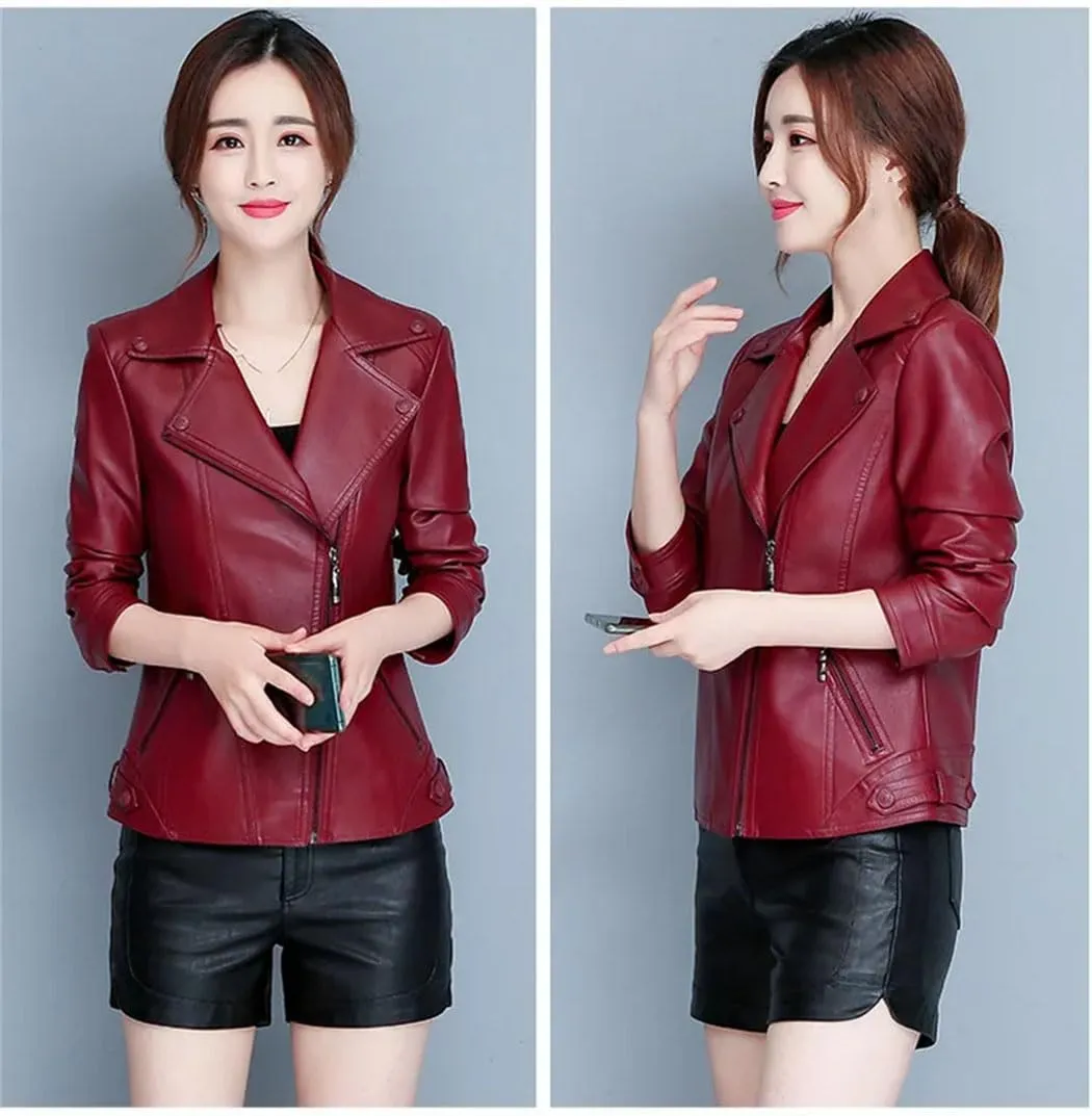 Women Short Notch Lapel Collar Asymmetric Zipper Leather Jacket For Autumn-Winter Fashion Slim Moto Leather Jackets