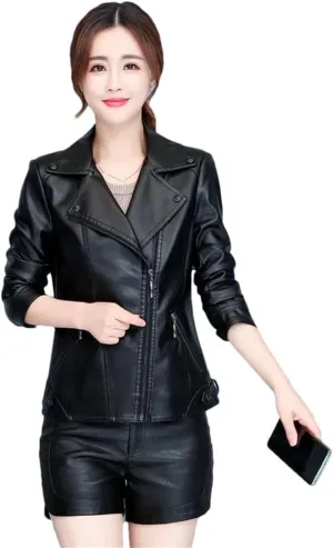 Women Short Notch Lapel Collar Asymmetric Zipper Leather Jacket For Autumn-Winter Fashion Slim Moto Leather Jackets