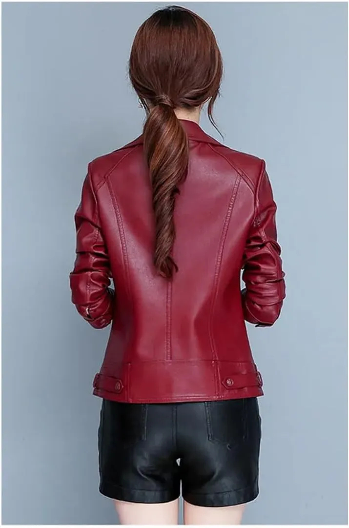 Women Short Notch Lapel Collar Asymmetric Zipper Leather Jacket For Autumn-Winter Fashion Slim Moto Leather Jackets