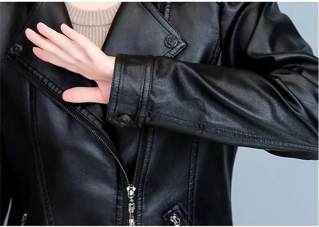 Women Short Notch Lapel Collar Asymmetric Zipper Leather Jacket For Autumn-Winter Fashion Slim Moto Leather Jackets