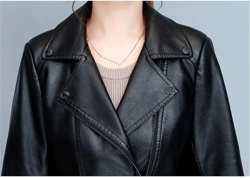 Women Short Notch Lapel Collar Asymmetric Zipper Leather Jacket For Autumn-Winter Fashion Slim Moto Leather Jackets