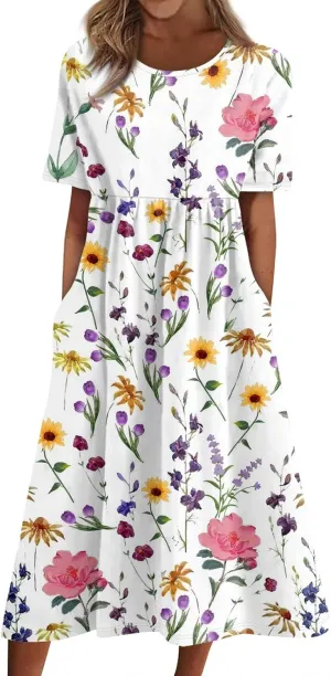 Women Summer Casual Dress Loose A-Line Floral T-Shirt Soft Floral Cotton Dress Short Sleeve Beach Sundress with Pockets