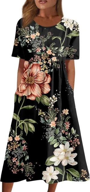 Women Summer Casual Dress Loose A-Line Floral T-Shirt Soft Floral Cotton Dress Short Sleeve Beach Sundress with Pockets