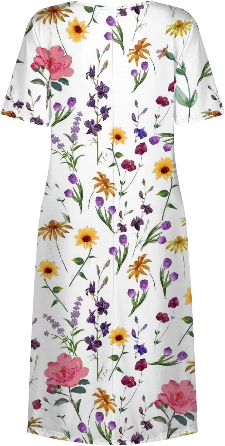 Women Summer Casual Dress Loose A-Line Floral T-Shirt Soft Floral Cotton Dress Short Sleeve Beach Sundress with Pockets