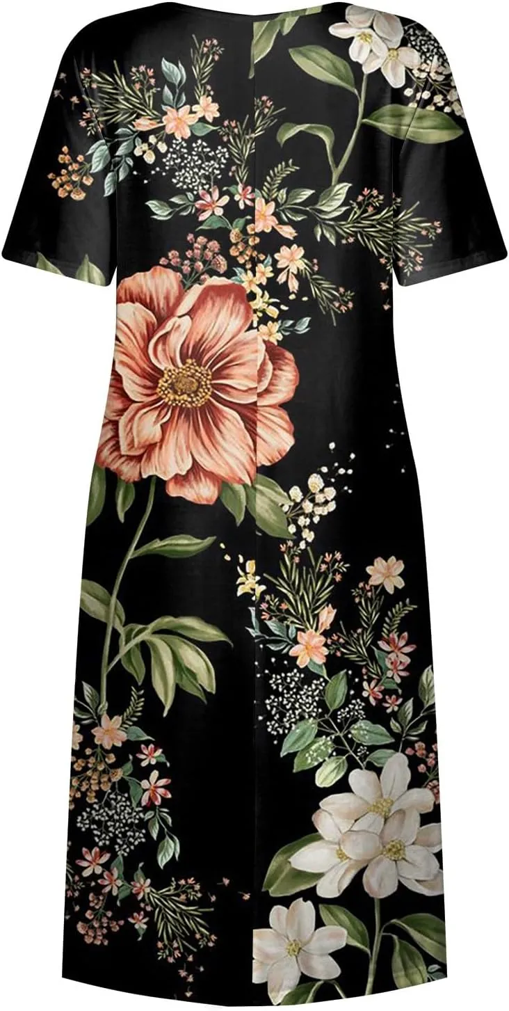 Women Summer Casual Dress Loose A-Line Floral T-Shirt Soft Floral Cotton Dress Short Sleeve Beach Sundress with Pockets