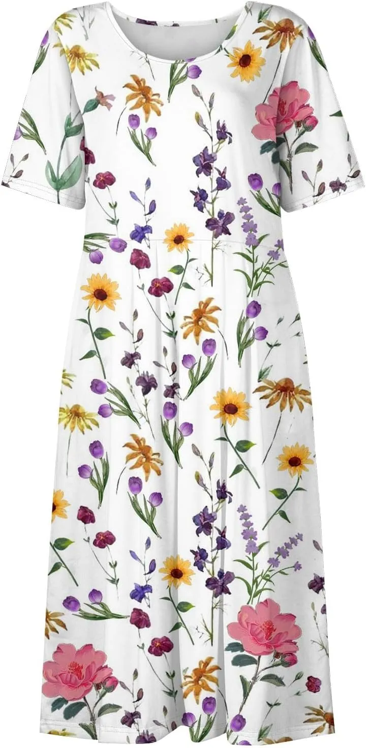 Women Summer Casual Dress Loose A-Line Floral T-Shirt Soft Floral Cotton Dress Short Sleeve Beach Sundress with Pockets