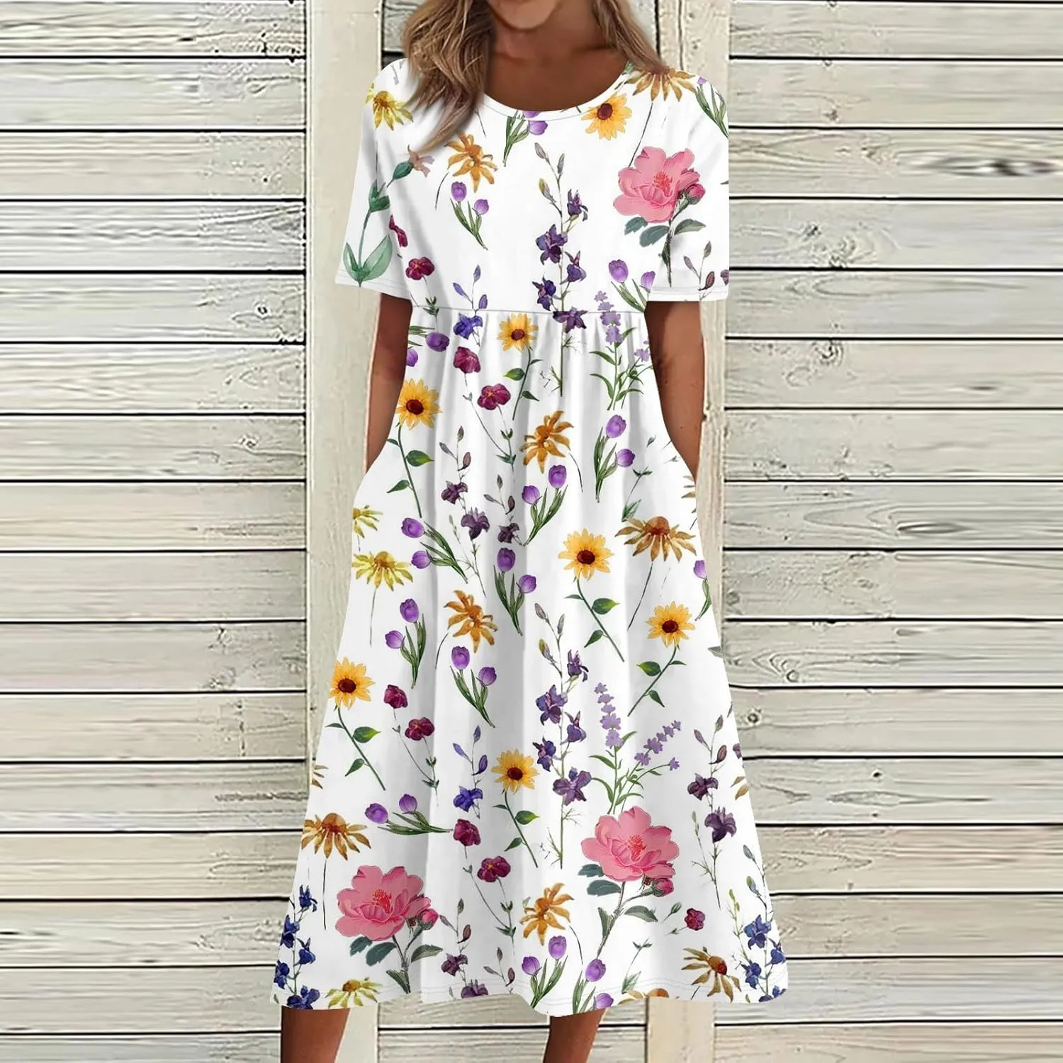 Women Summer Casual Dress Loose A-Line Floral T-Shirt Soft Floral Cotton Dress Short Sleeve Beach Sundress with Pockets