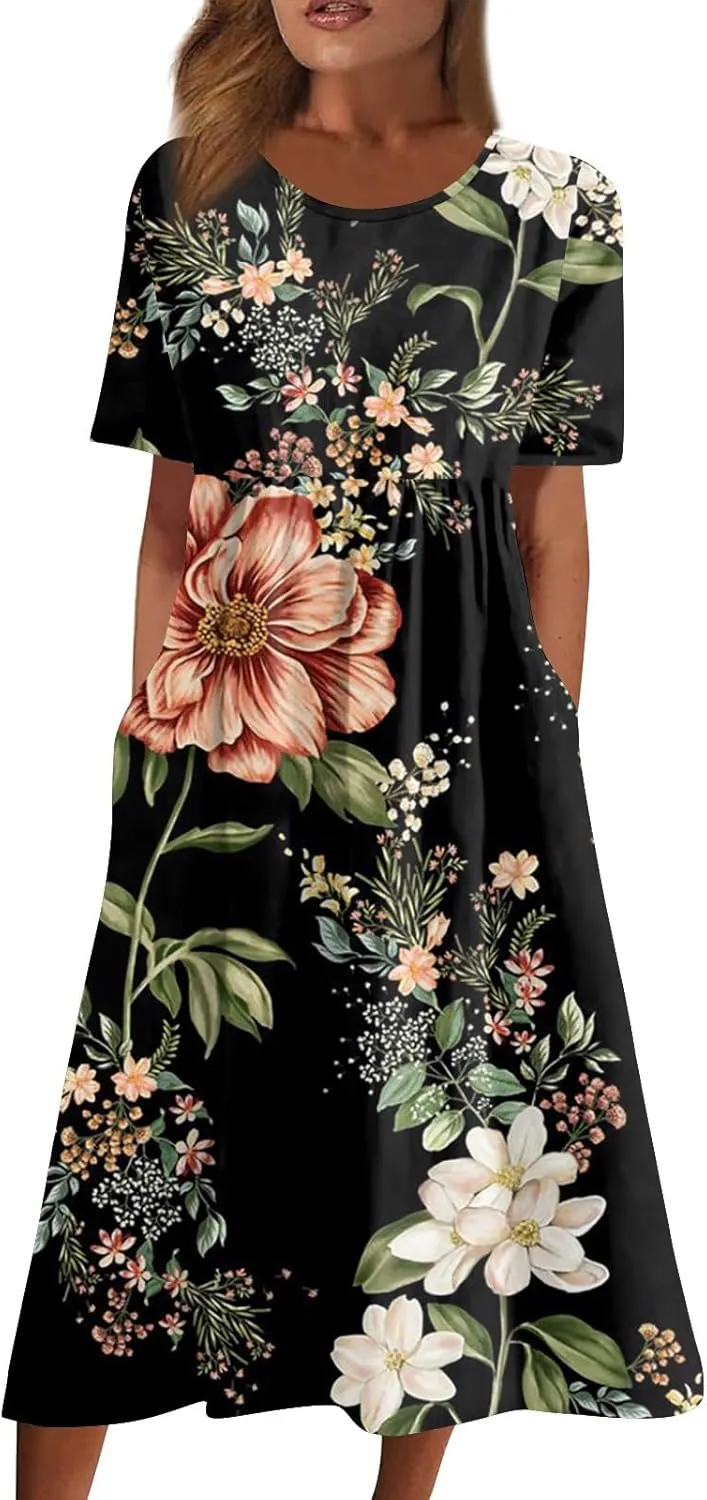 Women Summer Casual Dress Loose A-Line Floral T-Shirt Soft Floral Cotton Dress Short Sleeve Beach Sundress with Pockets