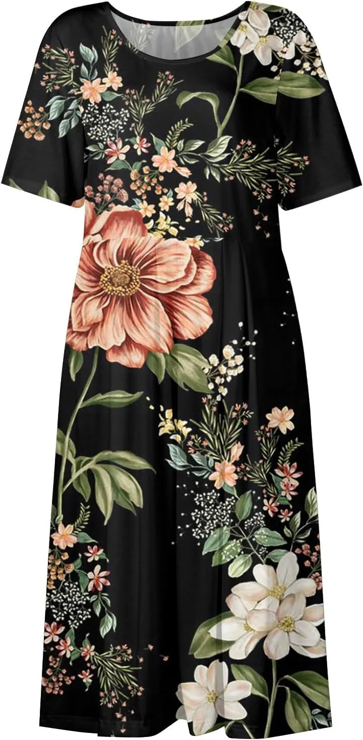 Women Summer Casual Dress Loose A-Line Floral T-Shirt Soft Floral Cotton Dress Short Sleeve Beach Sundress with Pockets