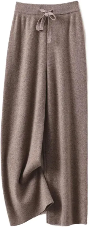Women's Cashmere Wide Leg Pants Basic Soft Casual Sashes Trousers Merino Wool Knitwear Popular Pants