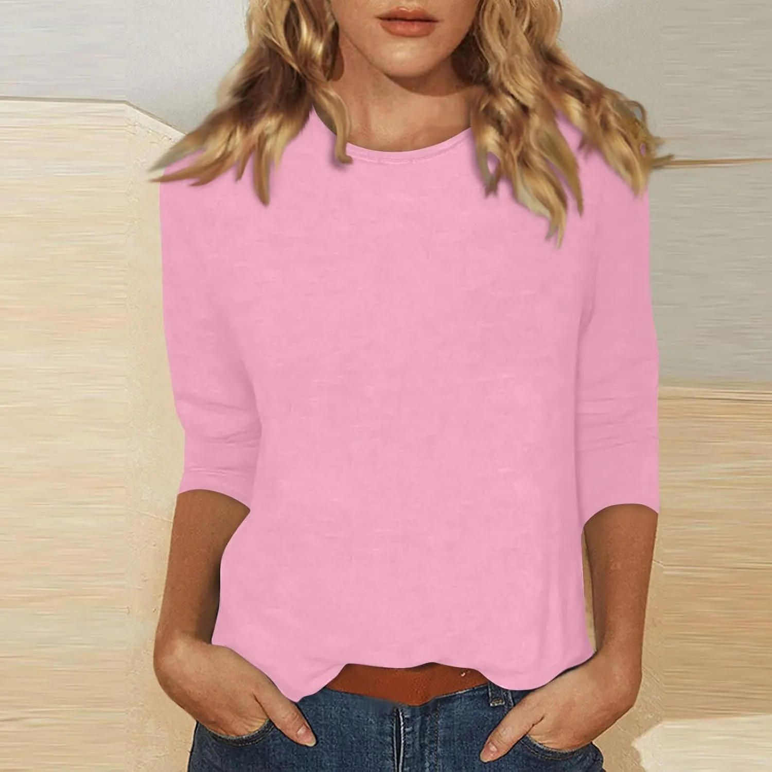Womens Casual 3/4 Sleeve T-Shirts Round Neck Cute Print Tops Trendy Loose Fit Three Quarter Length Blouses