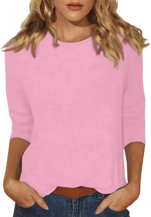 Womens Casual 3/4 Sleeve T-Shirts Round Neck Cute Print Tops Trendy Loose Fit Three Quarter Length Blouses
