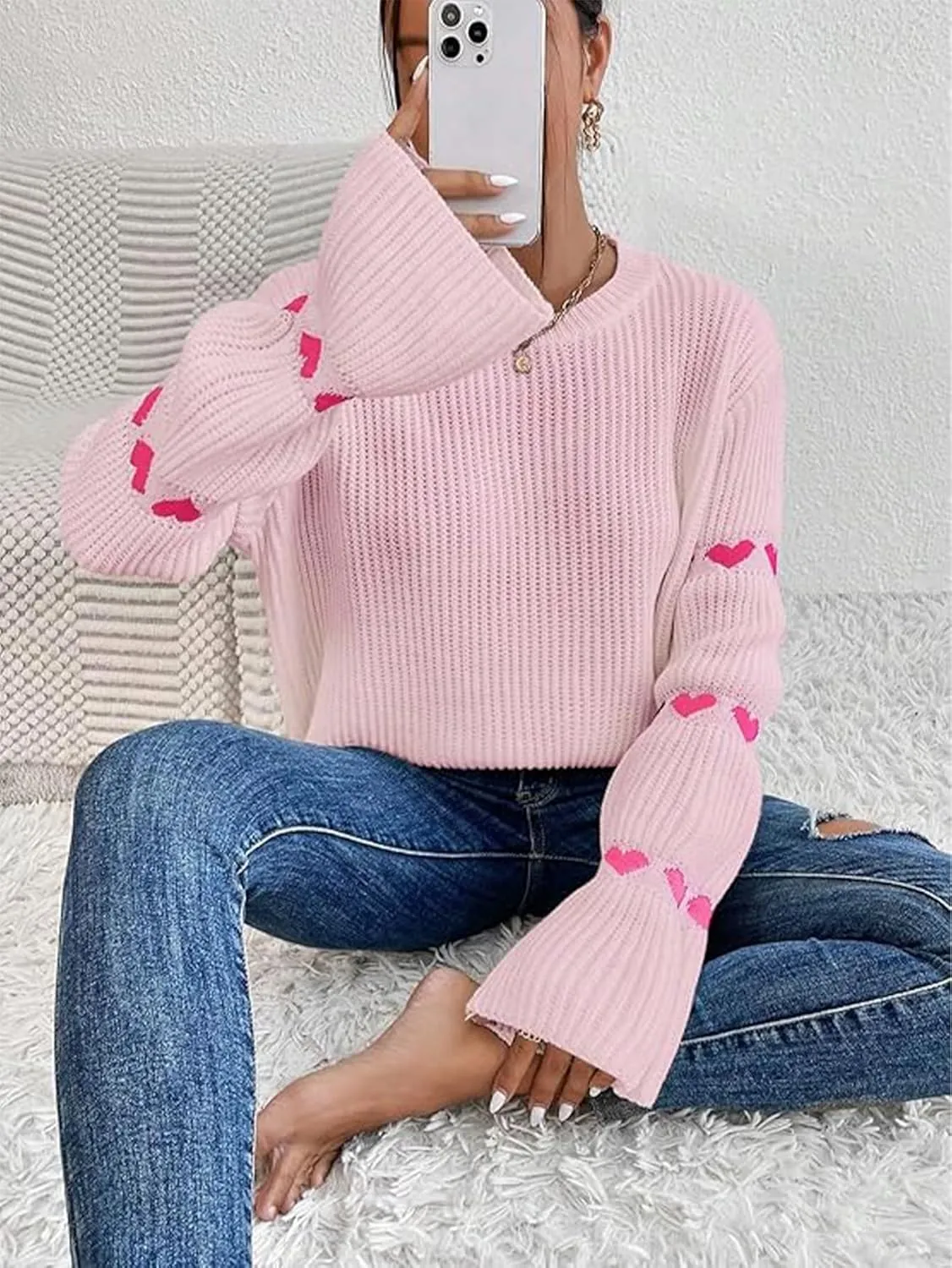 Women's Casual Heart Cute Sweater Round Neck Drop Shoulder Long Sleeve Knitted Pullover Sweater Top