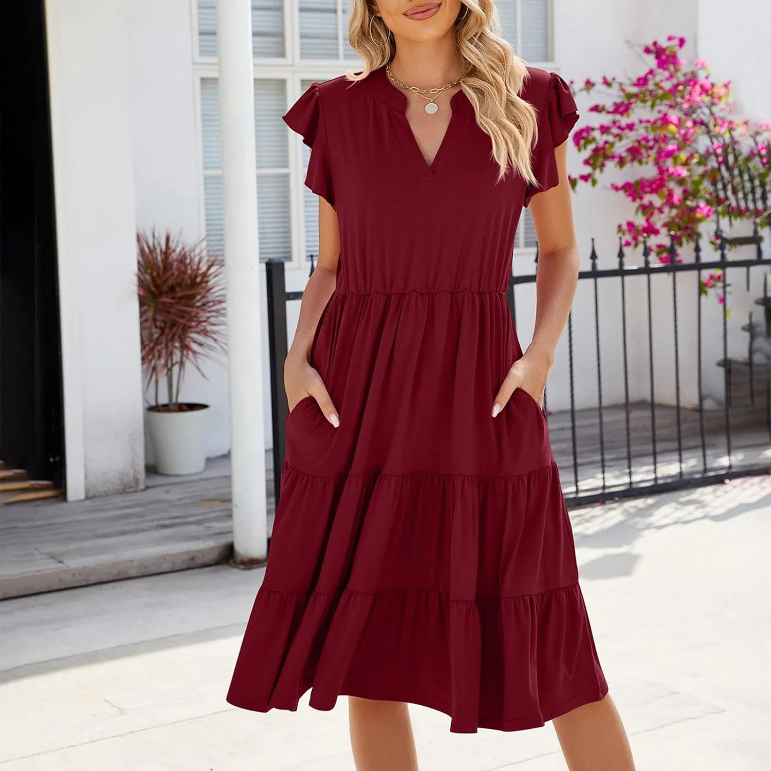 Women's Cotton V Neck Dress Puff Sleeve Midi Dresses Cute Smocked Waist Sundresses for Women Fashion Casual Beachwear