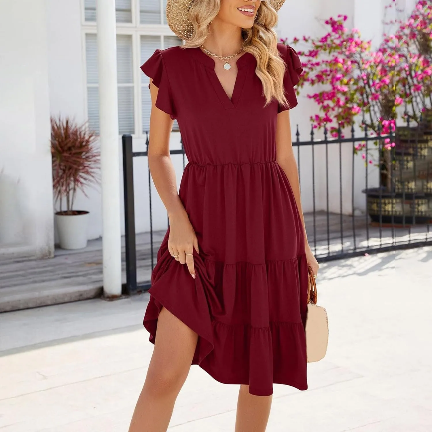 Women's Cotton V Neck Dress Puff Sleeve Midi Dresses Cute Smocked Waist Sundresses for Women Fashion Casual Beachwear