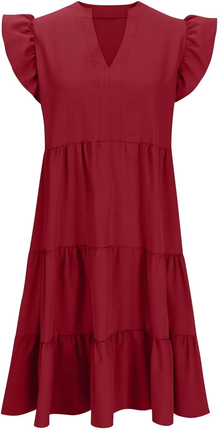 Women's Cotton V Neck Dress Puff Sleeve Midi Dresses Cute Smocked Waist Sundresses for Women Fashion Casual Beachwear