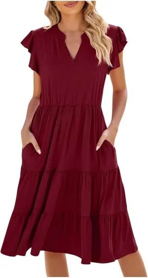 Women's Cotton V Neck Dress Puff Sleeve Midi Dresses Cute Smocked Waist Sundresses for Women Fashion Casual Beachwear