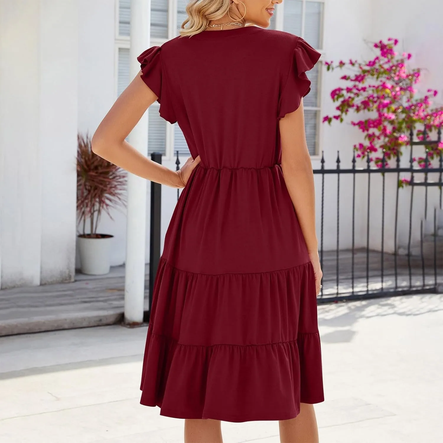 Women's Cotton V Neck Dress Puff Sleeve Midi Dresses Cute Smocked Waist Sundresses for Women Fashion Casual Beachwear