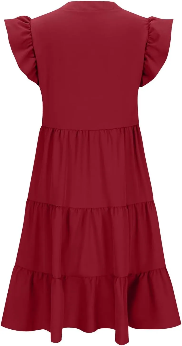 Women's Cotton V Neck Dress Puff Sleeve Midi Dresses Cute Smocked Waist Sundresses for Women Fashion Casual Beachwear