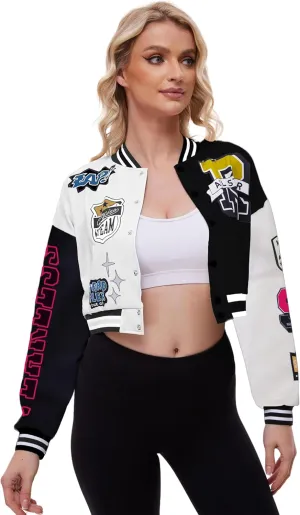 Womens Cropped Varsity Jacket Print Colorblock Bomber Jacket Casual Button Down Coat Lightweight Outwear with Pockets