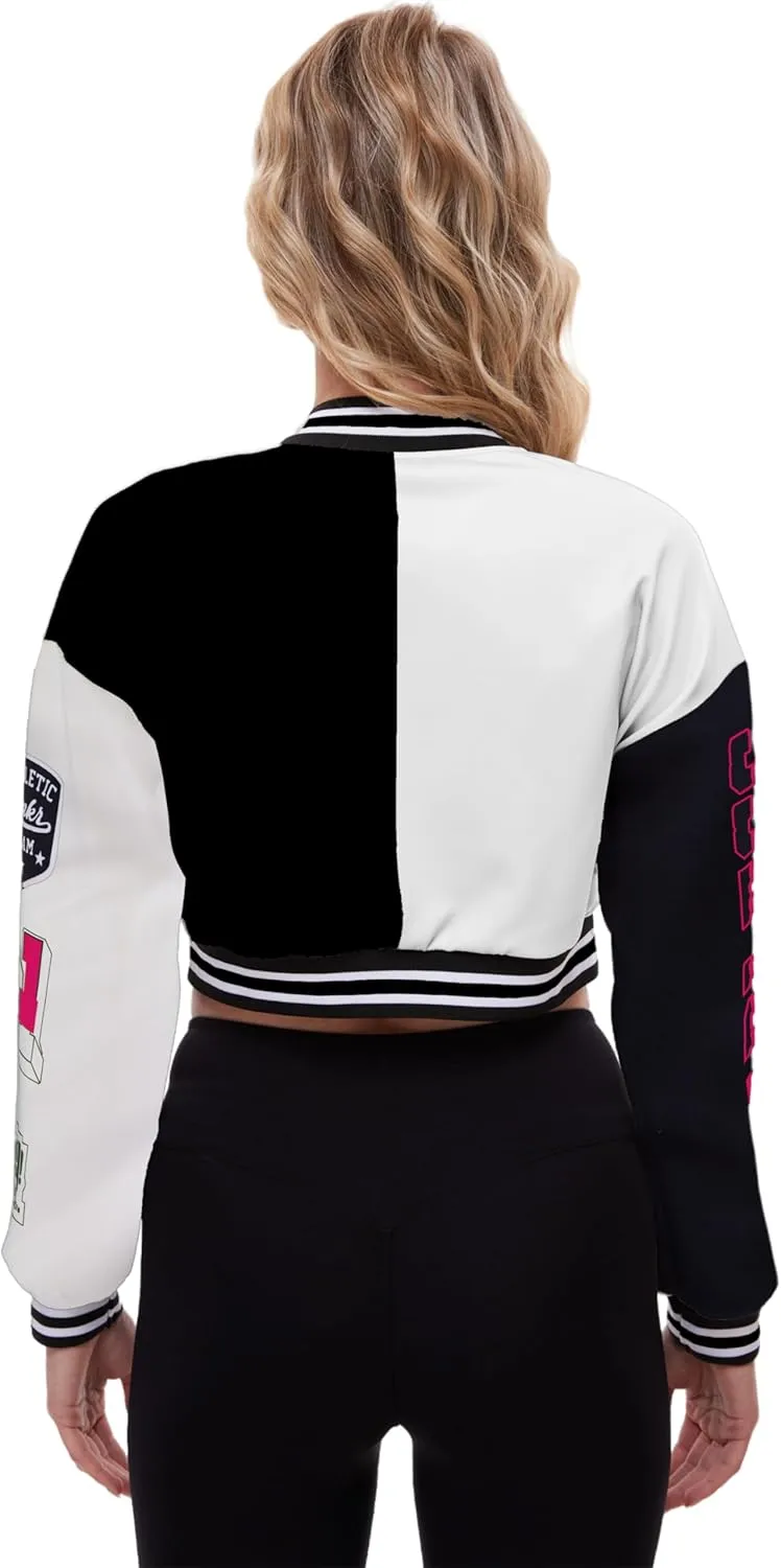 Womens Cropped Varsity Jacket Print Colorblock Bomber Jacket Casual Button Down Coat Lightweight Outwear with Pockets