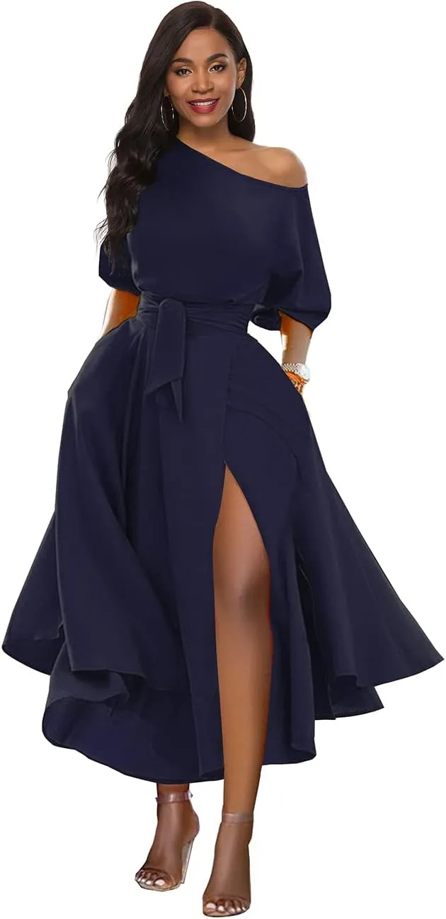 Womens Elegant Off Shoulder Short Sleeve Belted Side Slit Cocktail Party Swing Dress with Pockets