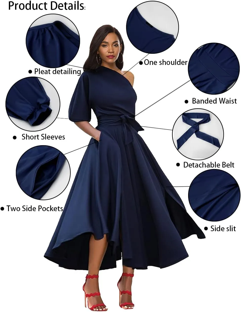 Womens Elegant Off Shoulder Short Sleeve Belted Side Slit Cocktail Party Swing Dress with Pockets