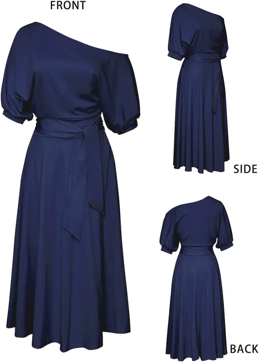 Womens Elegant Off Shoulder Short Sleeve Belted Side Slit Cocktail Party Swing Dress with Pockets