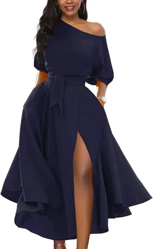 Womens Elegant Off Shoulder Short Sleeve Belted Side Slit Cocktail Party Swing Dress with Pockets