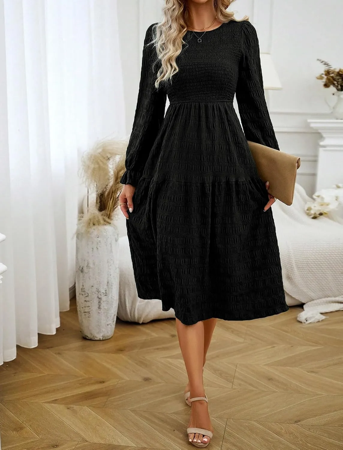 Women's Fall Long Sleeve Maxi Dresses 2024 Casual Crew Neck Empire Waist Tiered Flowy A Line Wedding Guest Dress