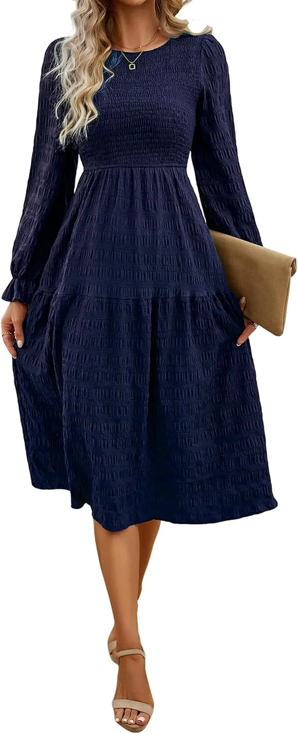 Women's Fall Long Sleeve Maxi Dresses 2024 Casual Crew Neck Empire Waist Tiered Flowy A Line Wedding Guest Dress
