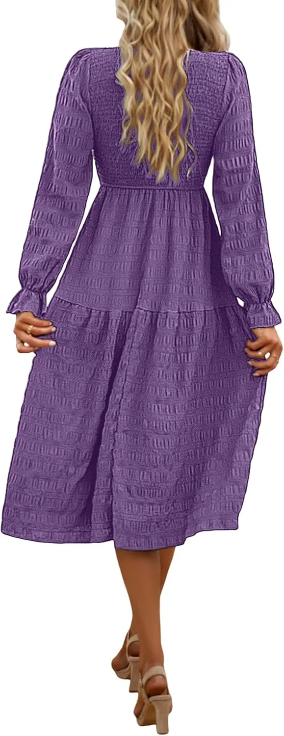 Women's Fall Long Sleeve Maxi Dresses 2024 Casual Crew Neck Empire Waist Tiered Flowy A Line Wedding Guest Dress