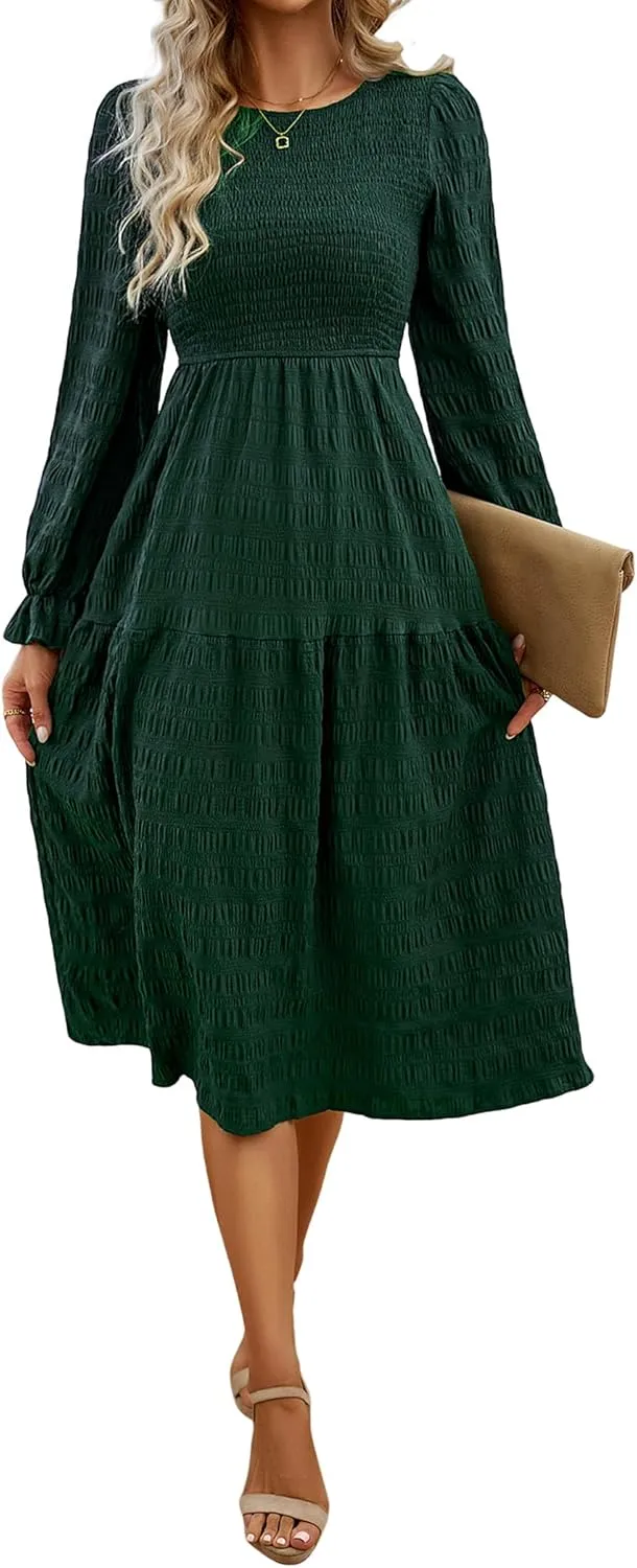 Women's Fall Long Sleeve Maxi Dresses 2024 Casual Crew Neck Empire Waist Tiered Flowy A Line Wedding Guest Dress
