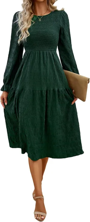 Women's Fall Long Sleeve Maxi Dresses 2024 Casual Crew Neck Empire Waist Tiered Flowy A Line Wedding Guest Dress