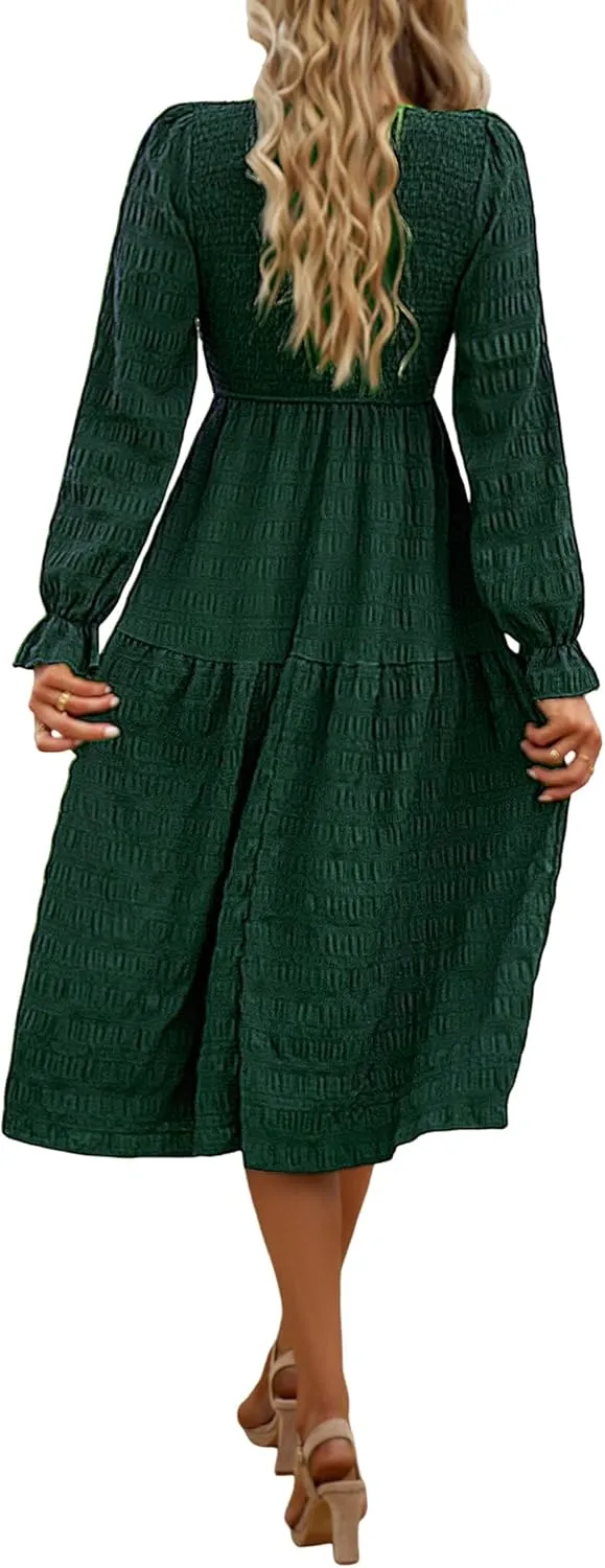 Women's Fall Long Sleeve Maxi Dresses 2024 Casual Crew Neck Empire Waist Tiered Flowy A Line Wedding Guest Dress