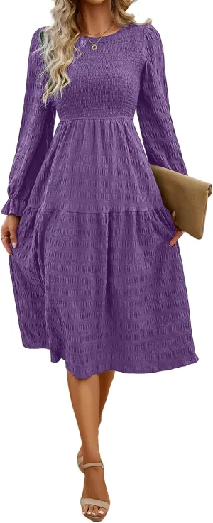 Women's Fall Long Sleeve Maxi Dresses 2024 Casual Crew Neck Empire Waist Tiered Flowy A Line Wedding Guest Dress