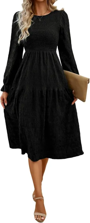 Women's Fall Long Sleeve Maxi Dresses 2024 Casual Crew Neck Empire Waist Tiered Flowy A Line Wedding Guest Dress