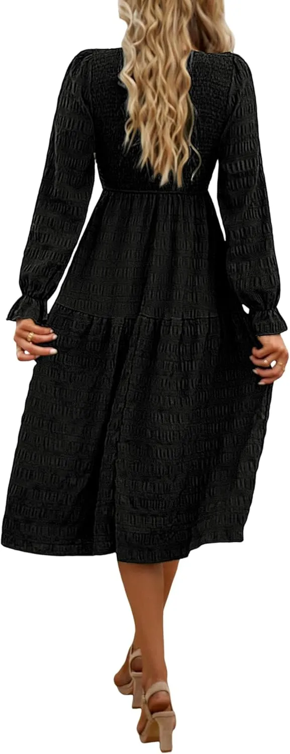 Women's Fall Long Sleeve Maxi Dresses 2024 Casual Crew Neck Empire Waist Tiered Flowy A Line Wedding Guest Dress