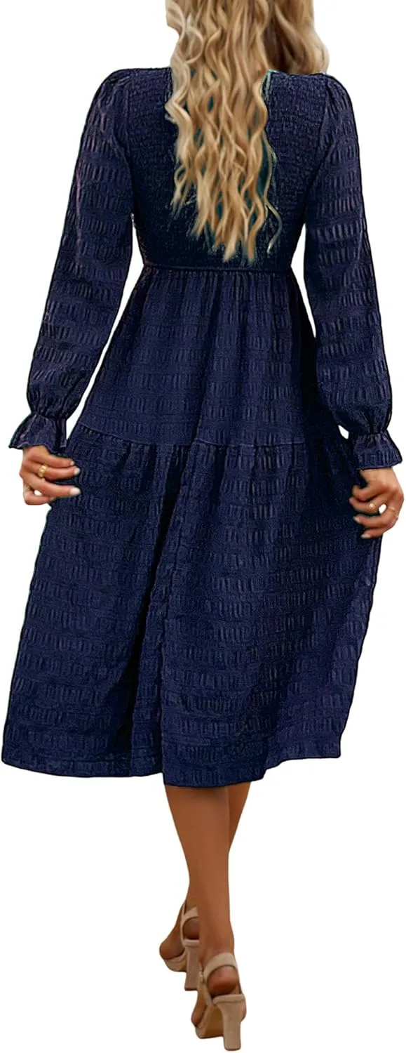Women's Fall Long Sleeve Maxi Dresses 2024 Casual Crew Neck Empire Waist Tiered Flowy A Line Wedding Guest Dress