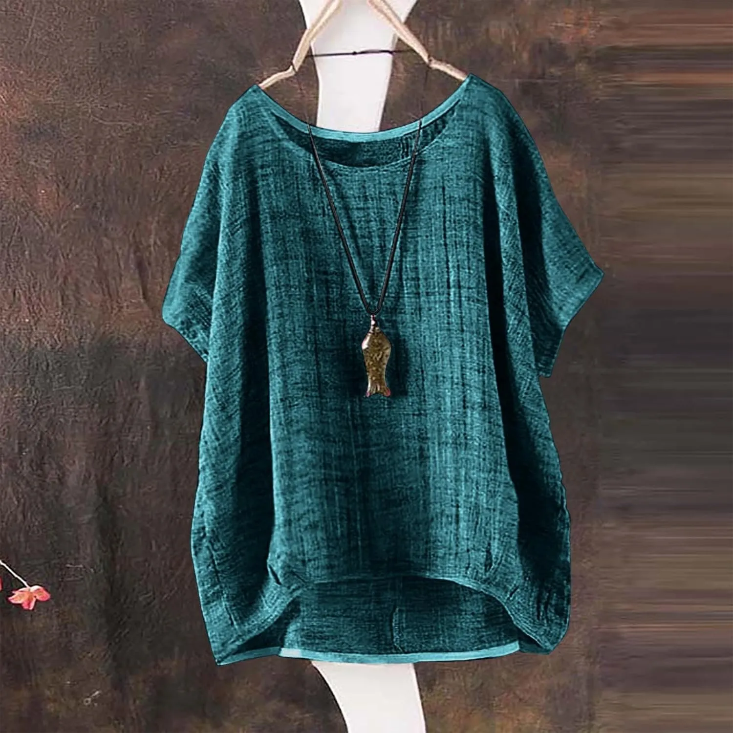 Women's Linen Oversized Blouses Short Sleeve Top T Shirt Button 3/4 Sleeve V Neck Linen Blouse Top