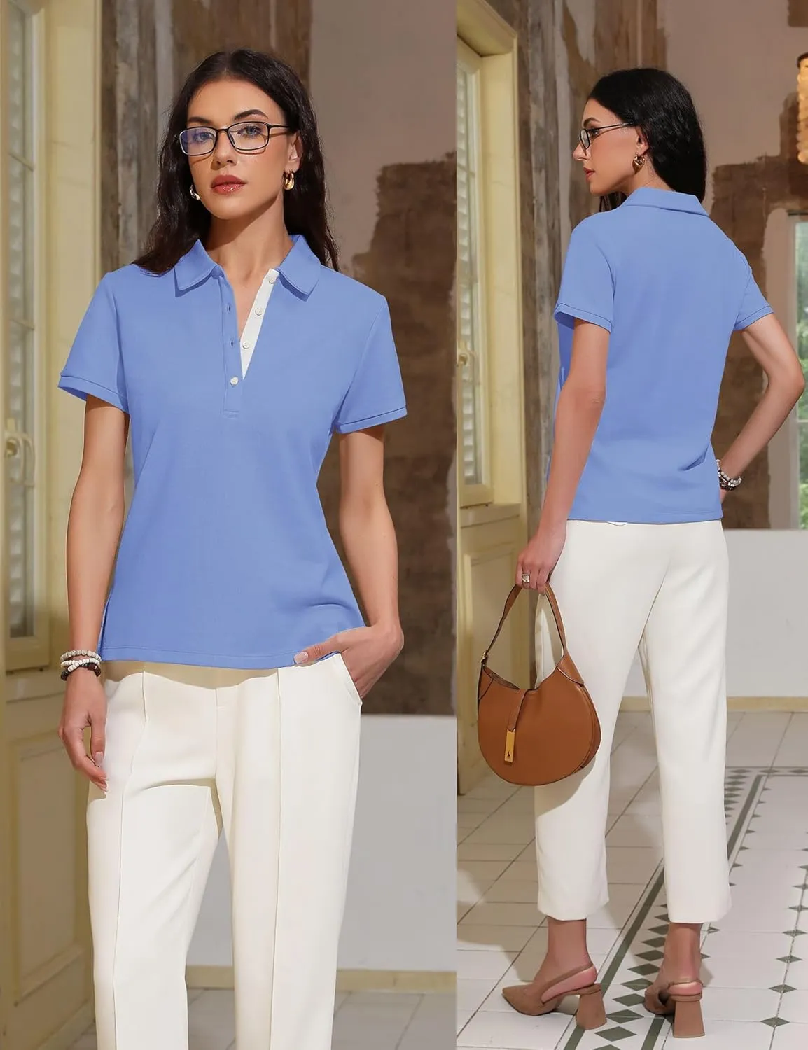 Womens Polo Shirts Summer Business Casual Work Tops Short Sleeve Button Down Collared V Neck Golf Blouse T-Shirt