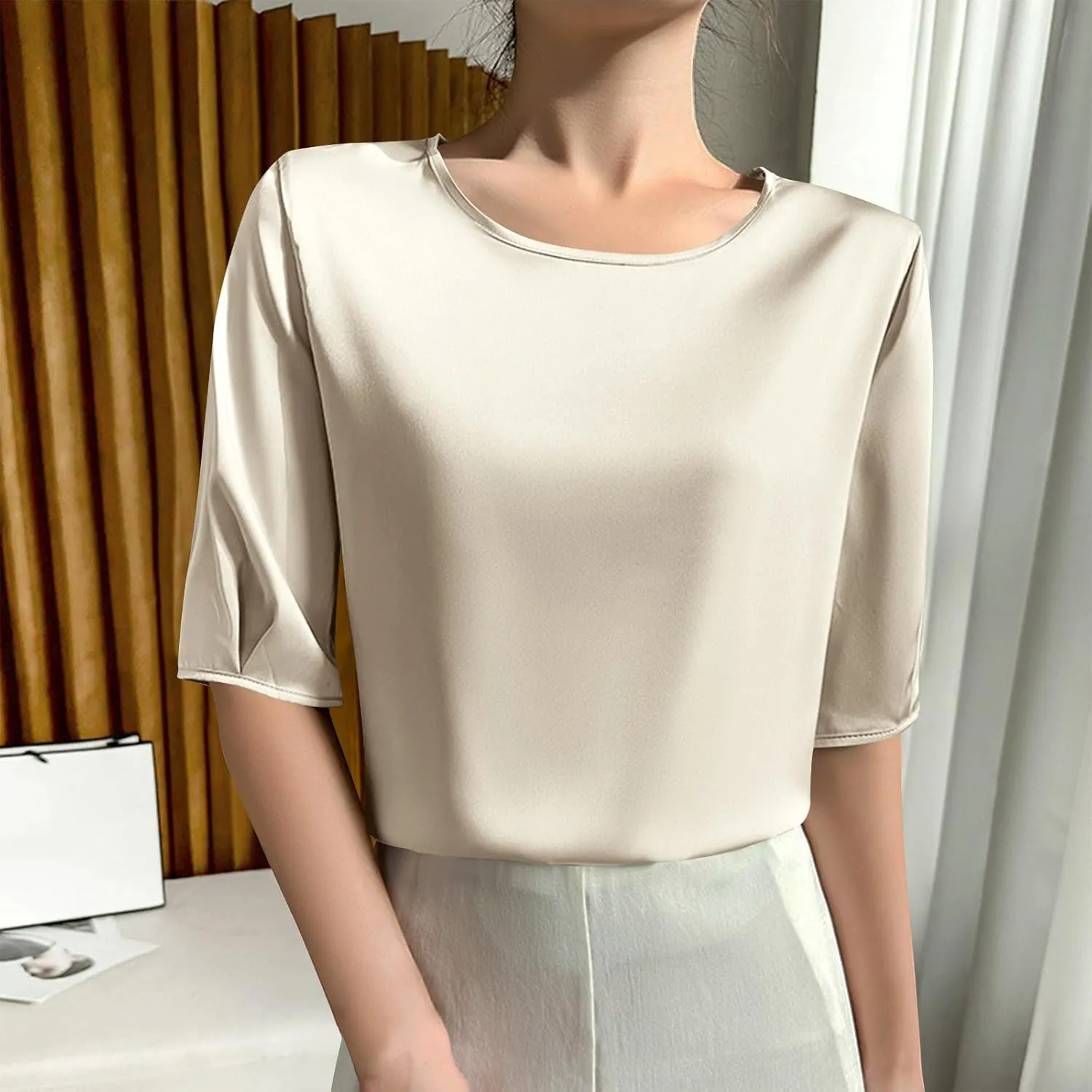 Women's Satin Blouse Dressy Casual Half Sleeve Silk Tops Crewneck Short Sleeve Business Office Work Shirt Tee Tshirt
