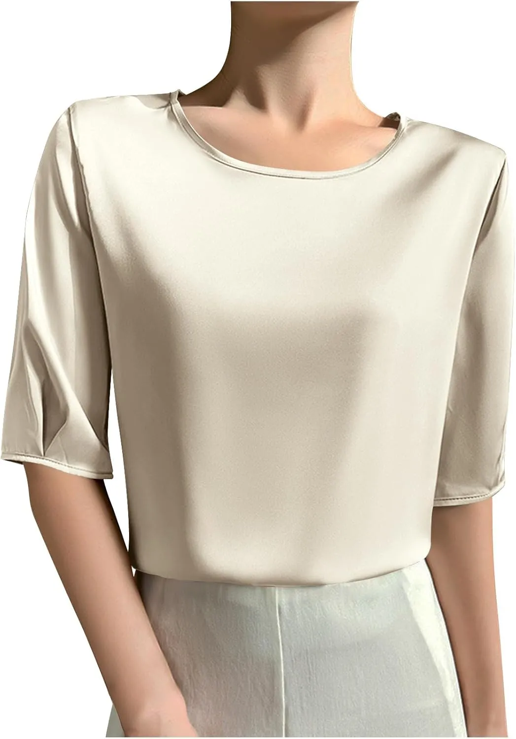 Women's Satin Blouse Dressy Casual Half Sleeve Silk Tops Crewneck Short Sleeve Business Office Work Shirt Tee Tshirt