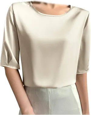 Women's Satin Blouse Dressy Casual Half Sleeve Silk Tops Crewneck Short Sleeve Business Office Work Shirt Tee Tshirt