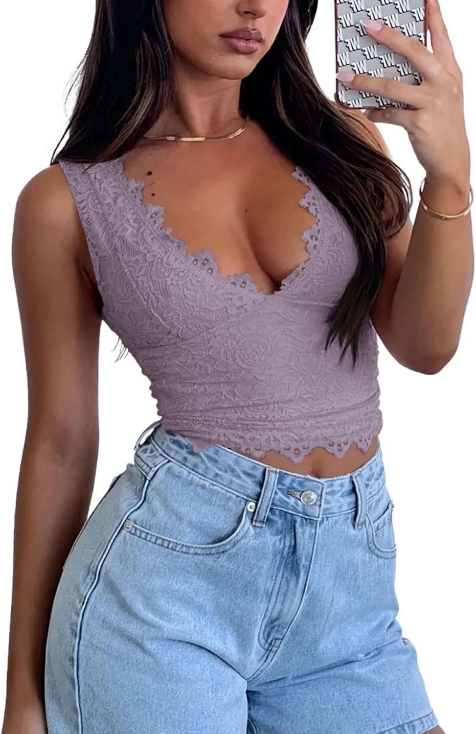 Womens Sexy V-Neck Sleeveless Lace Cropped Tank Tops Going Out Y2K Top Streetwear