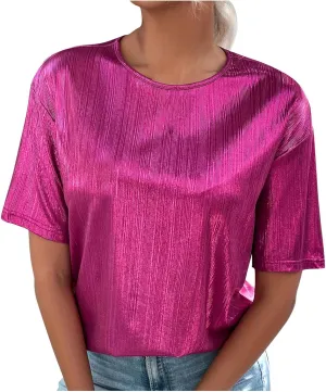 Women's Shiny Metallic Tops Short Sleeve T Shirt Glitter Party Disco Club Tees Holographic Music Festival Outfit