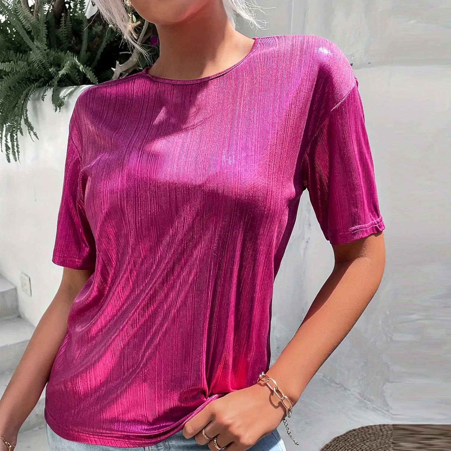 Women's Shiny Metallic Tops Short Sleeve T Shirt Glitter Party Disco Club Tees Holographic Music Festival Outfit
