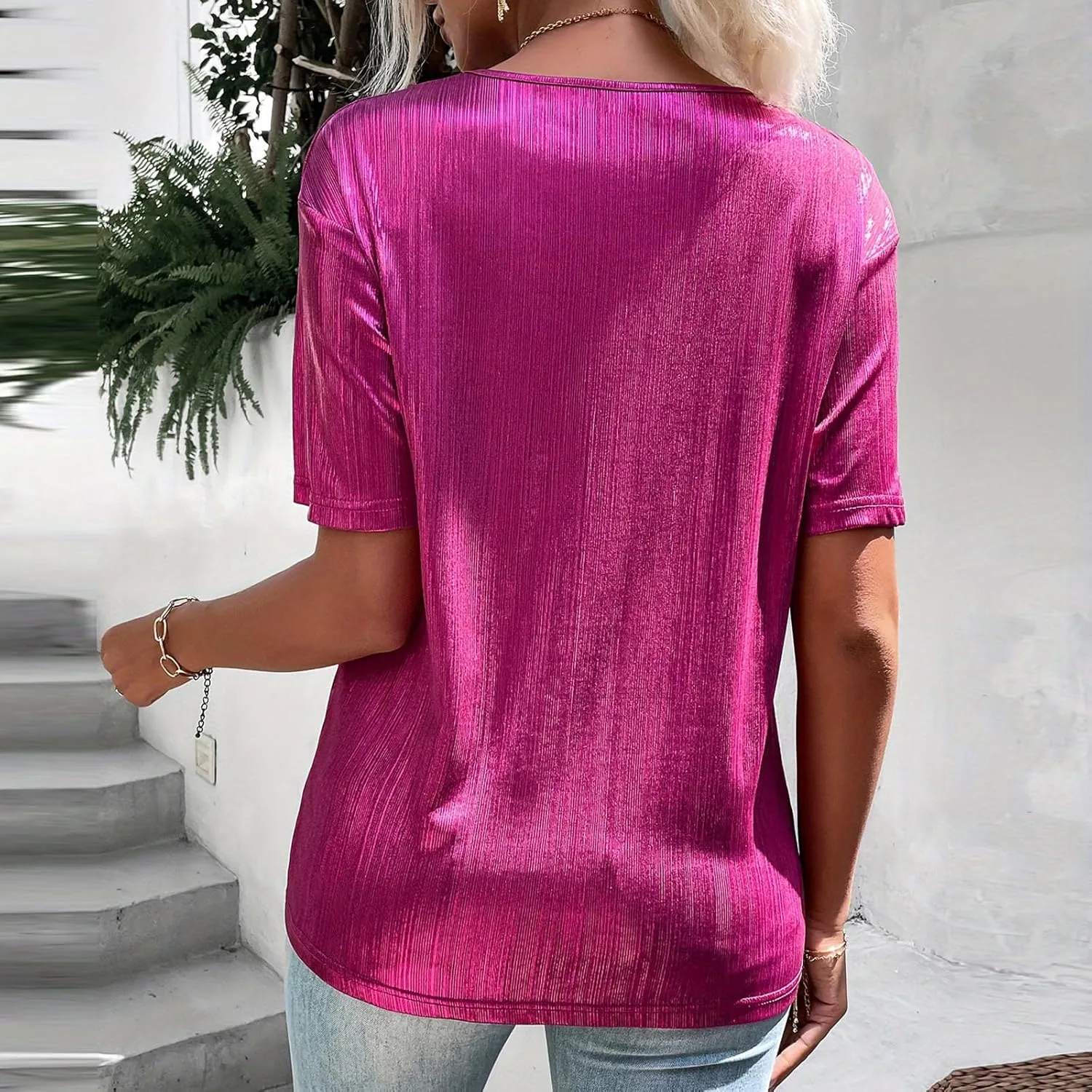 Women's Shiny Metallic Tops Short Sleeve T Shirt Glitter Party Disco Club Tees Holographic Music Festival Outfit